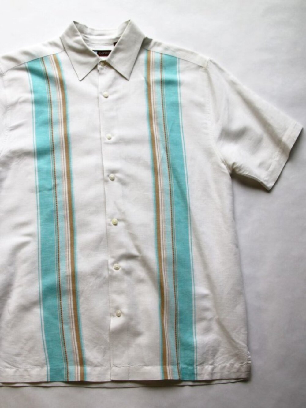 CENTO BRAND White w/Turquoise 55% Linen 45% Cotton - Size M - SS Cabana Shirt